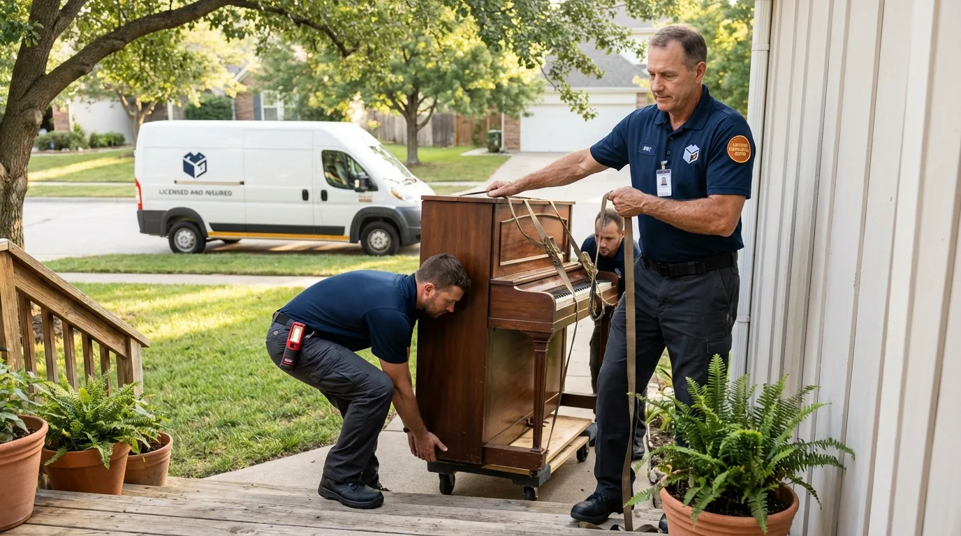 Licensed piano movers securing grand piano in Americus, GA