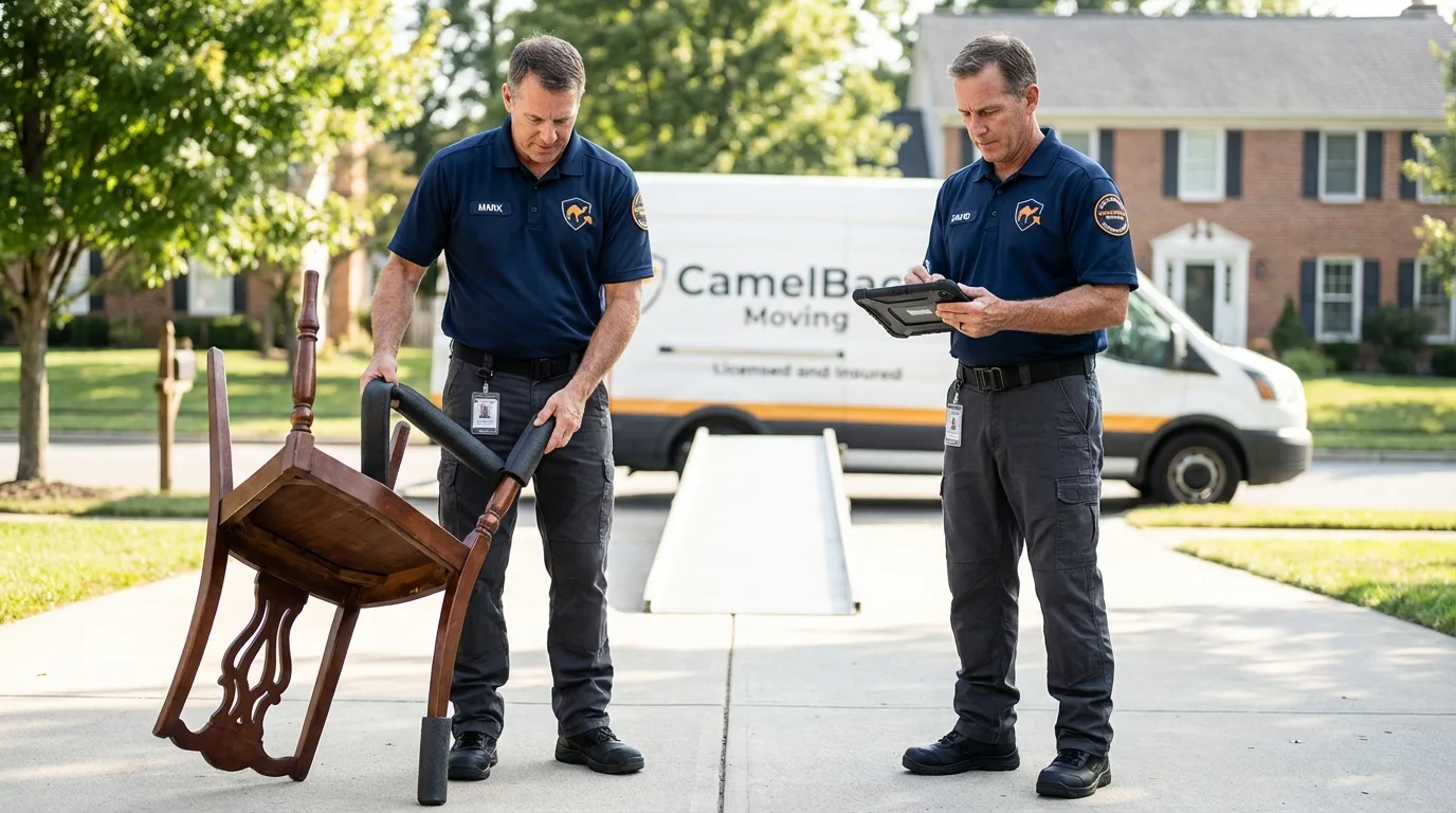 Movers inspecting furniture for damage prevention before loading in Americus, GA