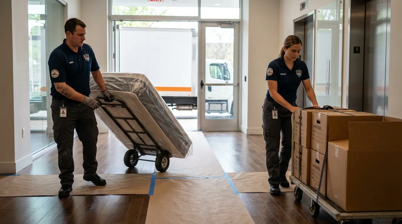 Professional apartment movers loading elevator in Americus, GA